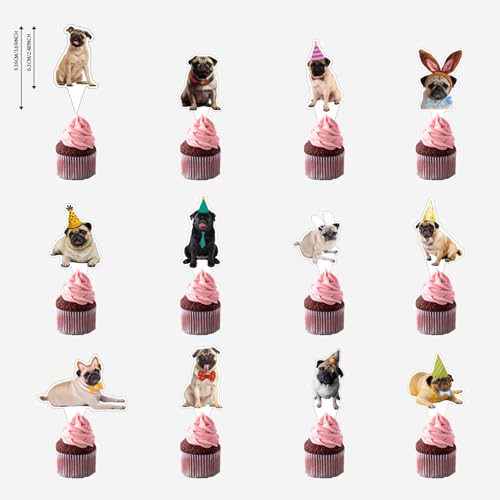 25 Pcs Mops Kuchen Dekorationen Mops Kuchen Topper Cupcake Toppers für Mops Hund Geburtstag Dekorationen Mops Party Dekorationen Geburtstagsparty Zubehör