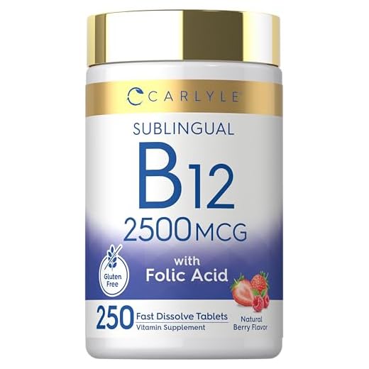 Carlyle Vitamin B12 Sublingual 2500 mcg | 250 Fast Dissolve Tablets | Cyanocobalamin Supplement with Folic Acid for Adults | Natural Berry Flavor | Vegetarian, Non-GMO, and Gluten Free