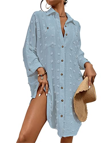 Image of Bsubsach Button Down Swimsuit for Women Sweatshirt Dress with Ruffled Sleeves Beach Shirt