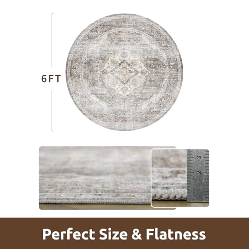 AMOAMI-6FT Round Rug-Rugs for Living Room-Vintage Soft Grey Rugs for Bedroom-Non Slip Circle Rug-Machine Washable Rug for Dining Room Living Room Bedroom Office Under Table