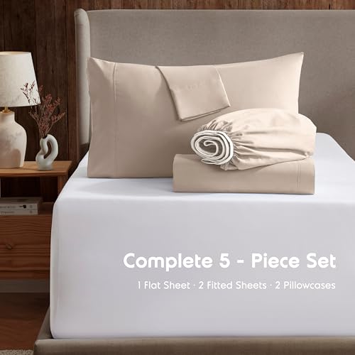 Image of Nestl Split King Bed Sheet Set - Beige Cream - 5-Piece Deep Pocket | Instantly Soft, Night-One Ready (No Wash Required). Fits 16-Inch Deep Pockets, 360-Degree Elastic Grip