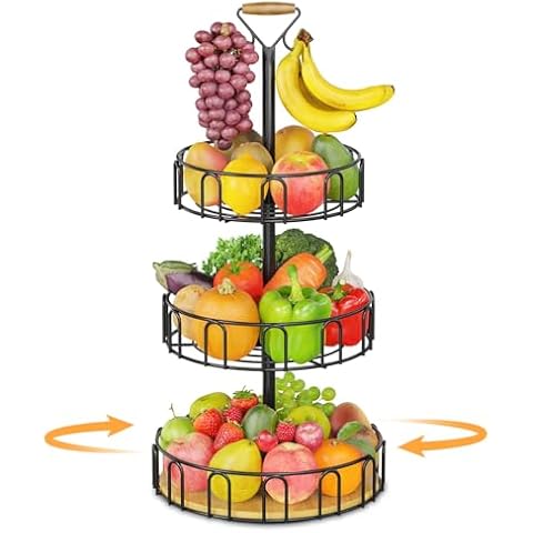 PouHenier.jh 3 Tier Rotating Fruit Basket Bowl with 2 Hangers for Kitchen Counter, Wire Produce Organizer Holder and Vegetable Storage Stand, Countertop Tiered Veggie Rack with Banana Hooks (Black) Cover