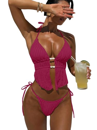 Image of RoseSeek Women's 2 Piece Boho Polka Dots Beaded Bikini Sets Sexy Swimsuits | Halter Swimsuits, Backless, Textured, Tie Side, Tankini Set, Bathing Suits, Summer, Vacation