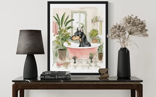 Image of Dobermann in Bathtub Black Framed Wall Art Poster Print, Animal Bathtub Restroom Wall Art Painting for Bathroom Decor Gallery Gallery 30 (Dobermann in Bathtub, 10 inch L x 8 inch W, Black Frame)