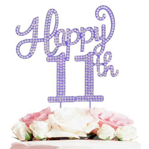 LASKYER Happy 11th Birthday Decorations,11th Birthday Purple Rhinestone Cake Topper - Cheers to Eleven Years Old Bday Party Metal Sparkly Cake Centerpieces Sign.