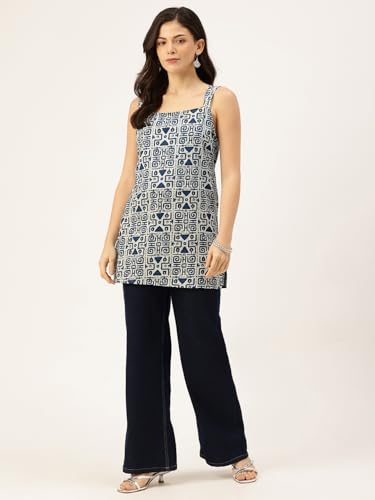 Image of feranoid Women's Printed Sleeveless Short Kurti with Stylish Neck, Backless Design & Side Slits (XS-XL)