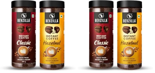 Image of Bevzilla 200 Gram Classic & 200 Gram Hazelnut Instant Coffee Powder | Perfact For Espresso, Latte & Cappucino | Hot & Cold Coffee | Unbreakable Jar (Pack of 2)