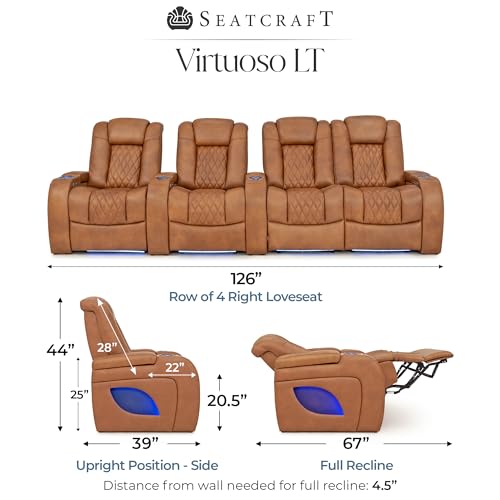 Image of Seatcraft Virtuoso LT Tawny Italian Leather Home Theater Seating, Zero Gravity Power Recliner, Heat and Massage, Powered Headrest and Lumbar Gaming and Home Office Chair, Row of 4 Left Loveseats