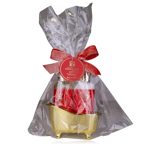 Accentra Badeset FESTIVE EDITION in kleiner goldener Badewanne, 2-teiliges Wellness Geschenkset für Frauen mit Duschgel & Bodylotion, Duft Winter Berry, Geschenk Weihnachten