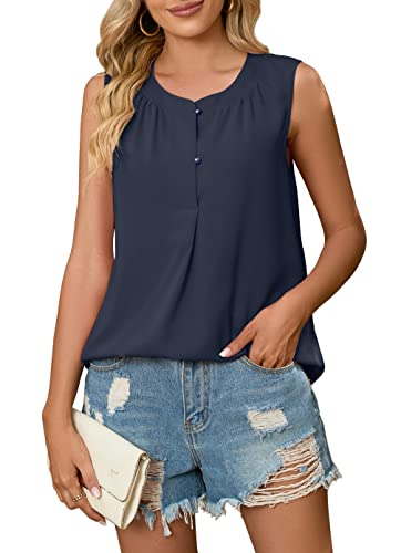 Bettysays Chiffon Blouses For Women Summer Casual Round Neck Work Blouses Business Casual (Medium, Navy Blue) #TOP6