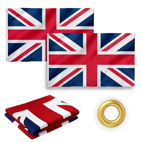 Large Union Jack Flags, 5ft x 3ft British Flag with Brass Eyelets and Polyester Fabric for Patriotic Displays, Celebrations, Outdoor/Indoor Decoration, Street Party & Sports Events (2 pc)