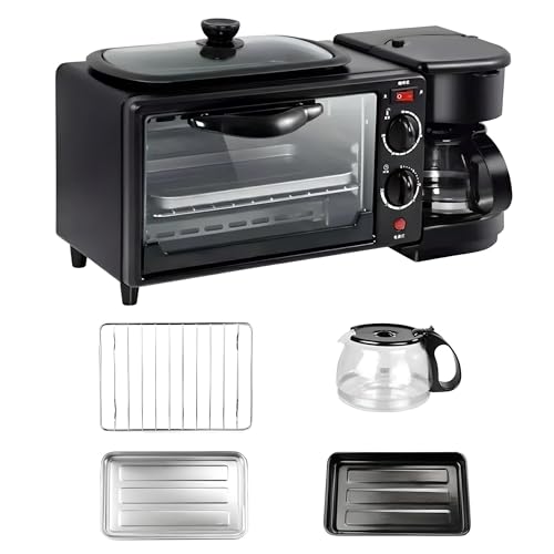 Multifunction Breakfast Machine, 3-In-1 Breakfast Maker with 1.2L Cooking Pot and 9L Baking Area Includes Coffee Maker and 4-Slice Toaster Oven for Apartment Kitchenettes