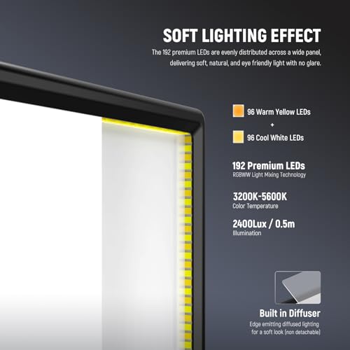 Image of NEEWER Basics 13 inch LED Video Light Panel, 20W Ultra Thin Bi Color Dimmable DSLR Camera Soft Photo Key Lighting for Streaming Studio Photography Podcast Recording, 8000mAh /3200-5600K /CRI97+, NL-192B
