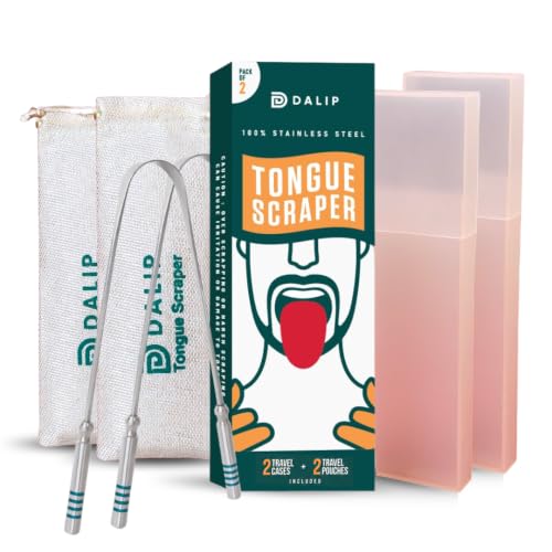 Image of Tongue Scraper for Adults, 2 Pack Stainless Steel Tongue Cleaner Green Handle, Easy to Use Metal Tongue Scrubber with 2 Travel Cases & 2 Storage Pouches, Reusable Oral Hygiene Tool for Bad Breath