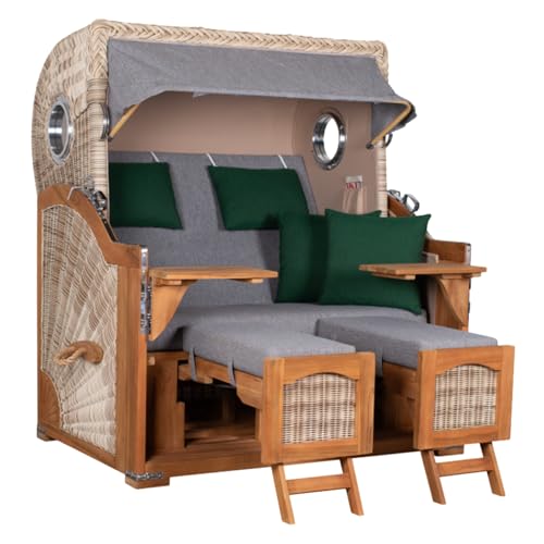 MR. DEKO Strandkorb Düne Grande XL 2,5-Sitzer Teak | PE Geflecht Shell | Volllieger Strandstuhl mit Bullauge inkl. 2 Fußablagen | je 2 Kissen und Nackenkissen | Strandkörbe aus Teakholz (Dessin 571)