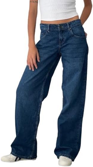 EMMIOL Women Baggy Jeans Mid-Low Waist Boyfriend Streetwear Vintage Jeans Wide Leg Denim Pants