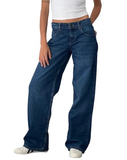 EMMIOL Women Baggy Jeans Mid-Low Waist Boyfriend Streetwear Vintage Jeans Wide Leg Denim Pants