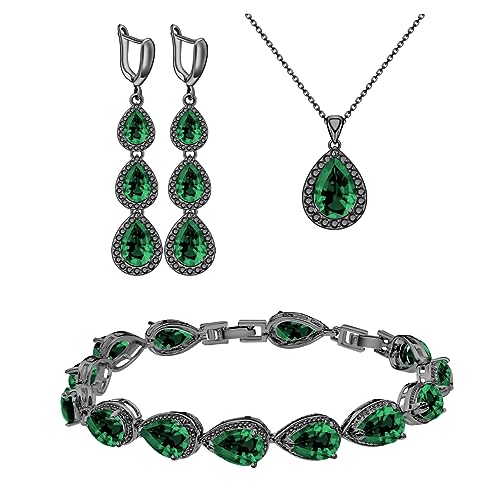 LMXXVJ Created Green Emerald Jewelry Set for Women,Black Gun Plated Gemstone Necklace Long Earrings Adjustable Ring Bracelet Set Costume Jewelry Formal Gift for Mom/Wife//Best Friend