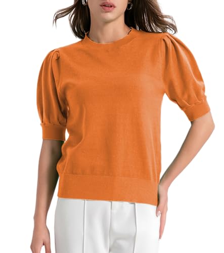 Women's Puff Short Sleeve Sweater Tops 2024 Crewneck Lightweight Knit Pullover Basic Solid Sweaters Blouse