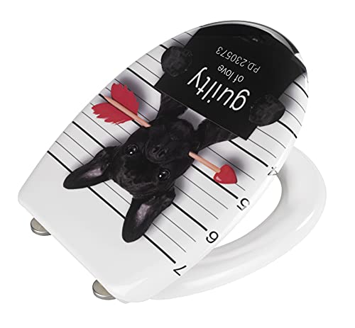WENKO WC-Sitz Guilty Dog, Toilettensitz mit Absenkautomatik, Fix-Clip Hygiene-Befestigung, WC-Deckel aus antibakteriellem Duroplast Escobillero Badi, cromo 45 x 38 cm