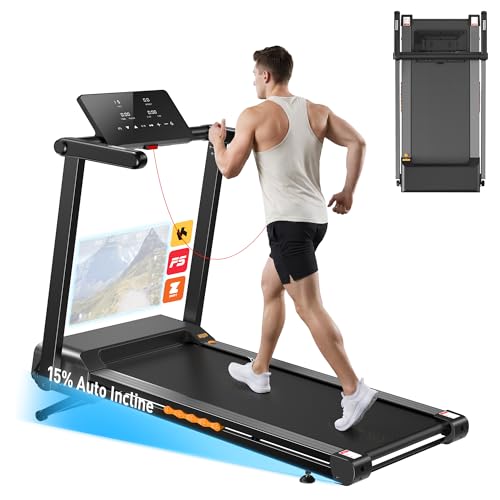 Klappbar Laufband für Zuhause mit 15% Automatische Steigung, 3.5 PS Laufband Steigung mit 12 HIIT Programme, Smart App, 1-14 km/h Walking Pad mit LED Anzeige, Pulsmessung, 136kg