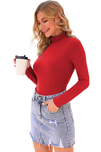 LAOLASI Women's Mock Turtle Neck Long Sleeve Slim Fit Casual Sexy Basic Bodysuit Daily Jumpsuit Shirts, 04-Red, Medium
