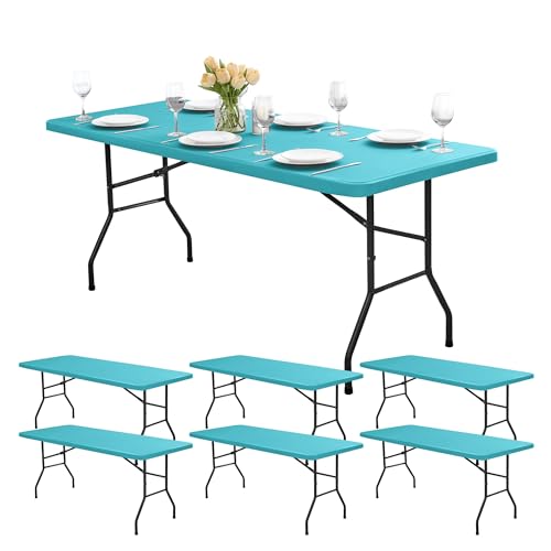RichSets Fitted Tablecloths for 8ft Rectangle Tables - 6 Pack Outdoor Picnic Table Covers with Elastic, Washable Folding Table Protector for Party Banquet Graduation, 30x96 Inch, Teal by RichSets - Used condition - US$27.90
