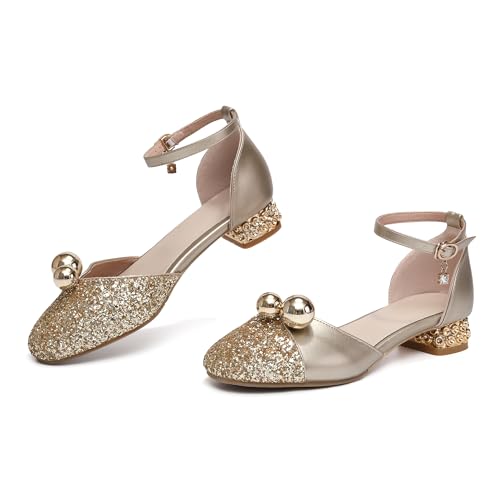 HROYL Girls Party Low Heel Princess Shoes Crystal Pearls Dance Shoes Closed Toe Ballet Flats, Model DS18682