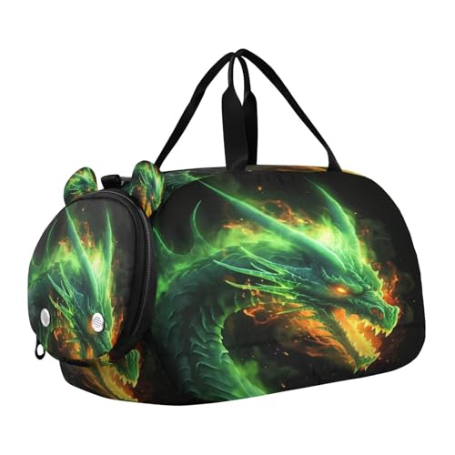 YETTASBIN Sport Travel Duffel Bag for Girls Boys, Green Fire Dragon Large Waterproof Weekender Overnight Bag, Detachable Shoulder Strap Gym Bag with Shoe Compartment & Wet Pocket