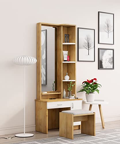 Image of Bniture Wooden Dressing Table for Bedroom with 1 Drawer, Mirror and Huge Storage Space with Stool | Long Dresser Vanity Table with Mirror(40D x 68W x 175H CM) (Giant Wood & Frosty White)