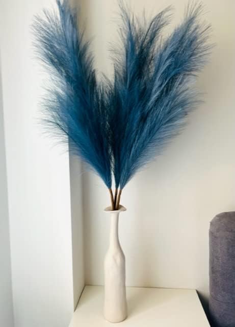 6pcs Navy Blue Faux Pampas Grass Fluffy 2in1 For Aesthetic Room Decor Home Accessories, Fake Artificial Plants Feather, 45cm/17.7", convertable to 3pcs Large Pampus 115cm/45" Long Tall Floor Vase