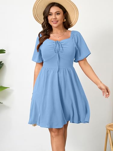 Image of RWJ Women Plus Size Summer Dress Short Sleeve Tie Front Sweetheart Neck Casual Mini Wedding Guest Dresses 2025