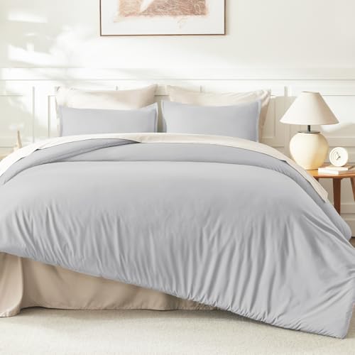 Image of Litanika Light Grey Comforter Queen Size, 3 Pieces Lightweight Solid Bedding Comforter Set, All Season Fluffy Bed Set (90x90In Comforter & 2 Pillowcases)