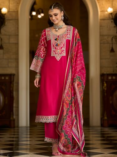 Image of INDO ERA Women's Silk Blend Ethnic Motifs Embroidered Straight Kurta & Pant with Dupatta Set (IEOUT12101)