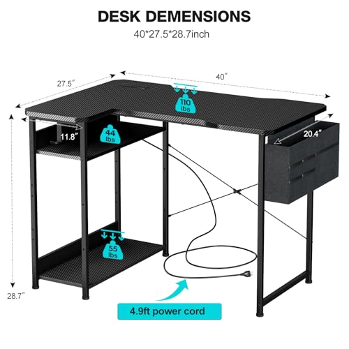 Image of Acrolix L Shaped Gaming Desk 40 Inch - Computer Corner Desk with Power Outlets, Reversible Shelves & Storage Bag for Home Office, PC Gaming Table, Black Carbon