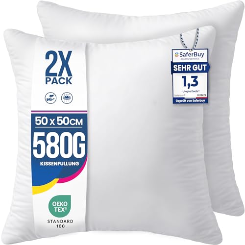 Utopia Bedding 2er Set Kissenfüllung 50 x 50 cm Innenkissen Füllkissen Kopfkissen Sofakissen (Weiß)