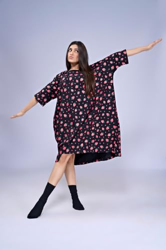 Image of LAMA STORE Women's Printed Oversized T-Shirt Dress, Cotton, 3 /4 Sleeve Length, Casual Loose Fit, Comfort Wear Extra Comfy Oversized Printed Pocket T-Shirt Dress