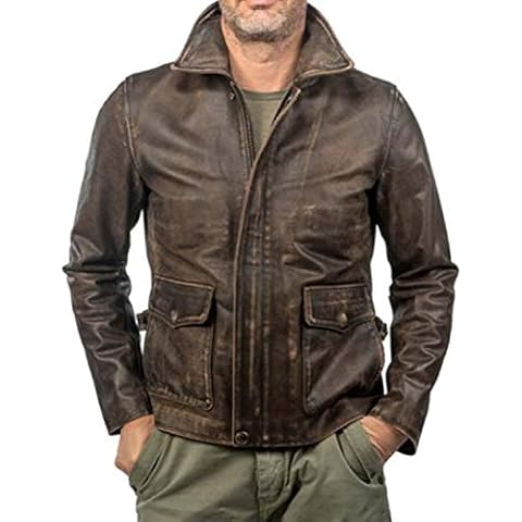 LP-FACON Mens Vintage Leather Jacket Raiders of The Lost Ark Harrison Ford Distressed Brown Jacket Cover