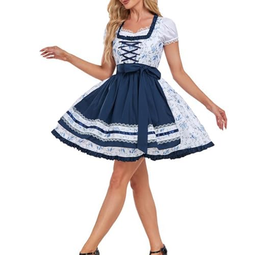 Oktoberfest Dirndl Dress Costume for Women Plaid German Traditional Bavarian Printed Outfits Garden Maid Dresses October Fest Costume White M