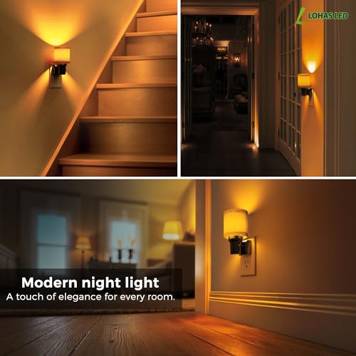 Image of L LOHAS LED Night Lights Plug into Wall, 2 Pack Linen Fabric Cylinder Decor Night Light, Dusk to Dawn Sensor Vintage Nightlight, Amber Warm 0-100LM Dimmable, for Bedroom Living Room Hallway