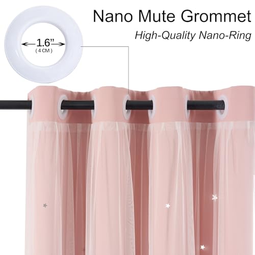 Image of Light Pink Curtains Blackout for Girls Bedroom - Aesthetic Star Cutout Double Layer with White Sheer Overlay, 63 Inch Length 1 Panel Cute Curtain Baby Nursery Toddler Room Decor Drapes