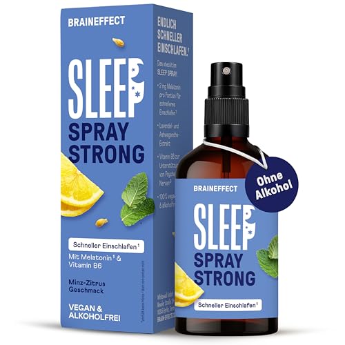 BRAINEFFECT SLEEP SPRAY STRONG Das Original - Melatonin Spray Hochdosiert - 450 Tage Vorrat Einschlafspray - mit Minze Zitrone Lavendel und Ashwagandha Zuckerfrei Alokoholfrei - 50 ml
