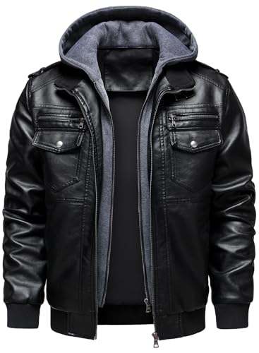 HOOD CREW Men's Faux Leather Hooded Jacket Motorcycle Jackets Water Repellent Windproof PU Moto Vintage Bomber Hoodie Coats Black XL