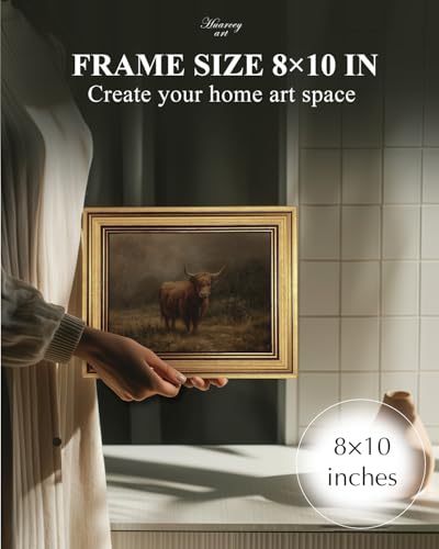 Image of HUARCEY Gold Framed Vintage Wall Art for Living Room, Animals Painting Prints Shelf Decor for Kitchen, Aesthetic Bedroom Wall Art, Best Gifts for Friends or Family - Highland Cattle 10L x 8W