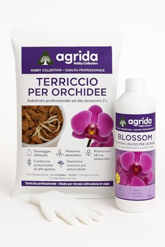 AgriDa Kit Rinvaso Orchidee – Terriccio 2L + Concime BLOSSOM 500ml + Guanti | Substrato Aerato per Phalaenopsis | Radici Sane, Fioriture Abbondanti | Assistenza Agraria Gratuita