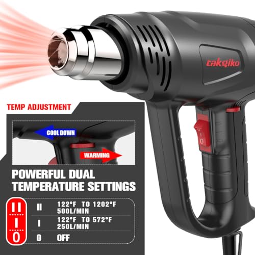 Heat Gun, TAKGIKO 2000W Heavy Duty Hot Air Gun Kit 50℃~650℃ Dual Temperature Settings with 6 Attachments Overload Protection for Crafts, Shrink Wrapping/Tubing, Paint Removing 2 Heat Gun, TAKGIKO 2000W Heavy Duty Hot Air Gun Kit 50℃~650℃ Dual Temperature Settings with 6 Attachments Overload Protection for Crafts, Shrink Wrapping/Tubing, Paint Removing - Image 2