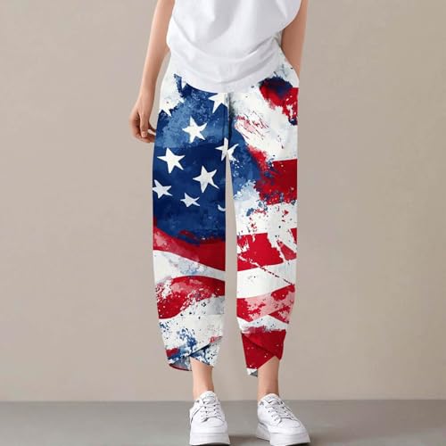 July 4Th Baggy Pants for Women American Flag High Waisted Pants Capri Split Summer Baggy Trouser Elastic Pocket Outfit4