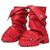 Celbreez Platform Boots Slouchy Fold Over Boots for Women Red Mid Calf Wide Calf Leather Shark Boot Stacked Motorcycle Goth Punk Combat Boot Round Toe Pull On 2025 Party Cute Shoes