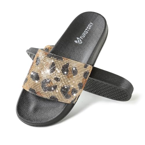 Image of Fur Story Womens Slides House Slippers Rhinestone Glitter Slides Cute bling Flat for Women Platform Sandals Cozy Bedroom Slippers Shower Shoes
