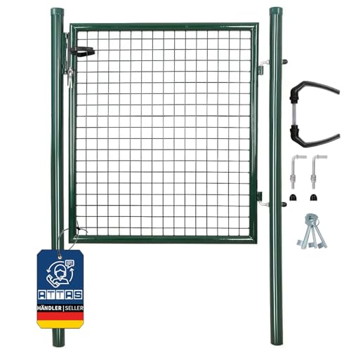 ATTAS Gartentor Metall | 100x100, grün, inkl. Schloss und 3 Schlüssel abschließbar| Zauntür, Gartentür für Doppelstabmattenzaun Tor, Zauntor Metall, Hoftor, Rund